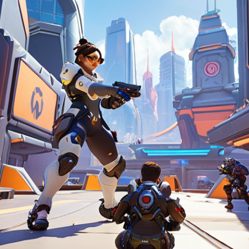 **

"Dynamic action shot of Overwatch 2 gameplay, focusing on two opposing teams clashing. Emphasize vibrant colors and futuristic cityscape background. Include elements suggesting intense competition and esports atmosphere, like team logos or spectator screens."

**