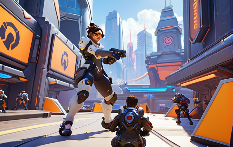 **
"Dynamic action shot of Overwatch 2 gameplay, focusing on two opposing teams clashing. Emphasize vibrant colors and futuristic cityscape background. Include elements suggesting intense competition and esports atmosphere, like team logos or spectator screens."
**