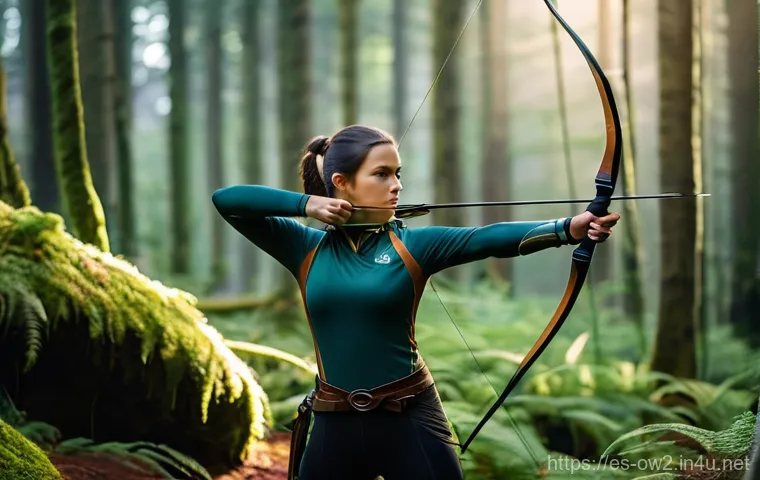 오버워치2 에임 연습 방법 - **A focused young woman practicing archery at dawn.** She has long, dark hair tied back in a practic...