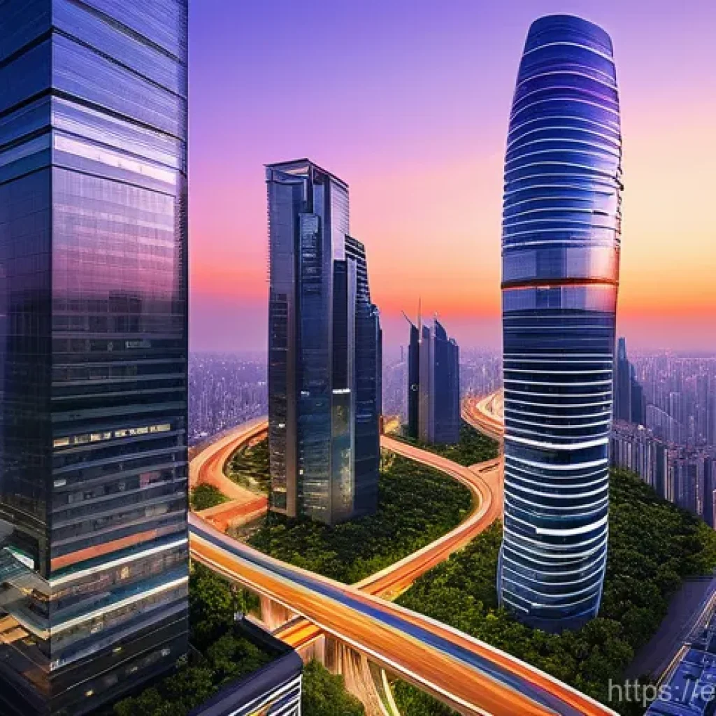 오버워치2 최신 업데이트 미리보기 - A breathtaking futuristic cityscape at dusk. Towering, illuminated skyscrapers with sleek, curved de...
