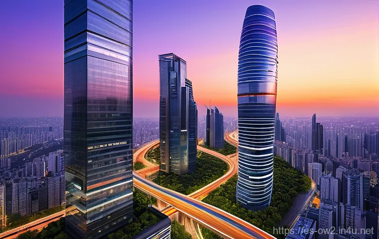 오버워치2 최신 업데이트 미리보기 - A breathtaking futuristic cityscape at dusk. Towering, illuminated skyscrapers with sleek, curved de...