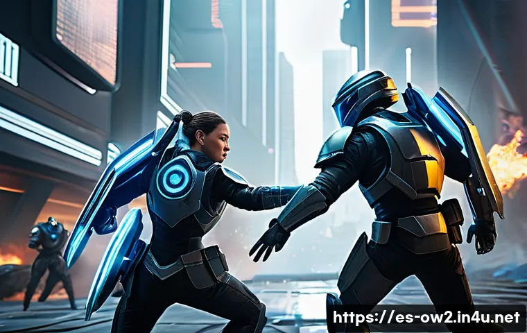오버워치2 캐릭터 스킬 조합 - A dynamic battlefield scene featuring two characters in strategic synergy: a skilled healer wearing ...