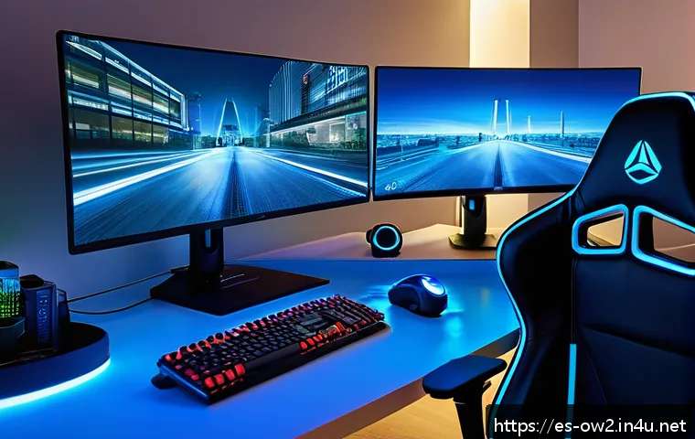 오버워치2 데이터 사용량 절약 팁 - A detailed digital illustration of a gamer&rsquo;s high-tech setup optimized for efficient online gameplay...