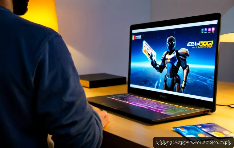 오버워치2 디지털 굿즈 구매처 - Photorealistic Spanish gamer at a clean home desk in Madrid, using a laptop to browse a generic digi...