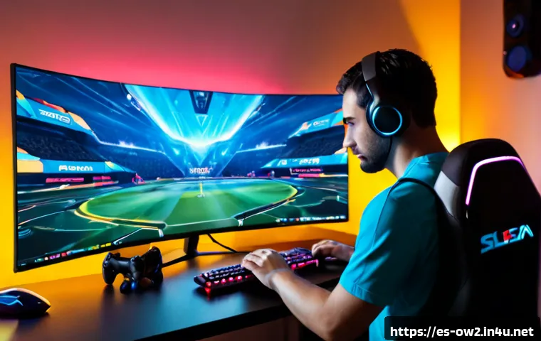 오버워치2 공격 영웅 공략법 - Photorealistic cinematic esports scene of a focused adult gamer in a modern Spanish home gaming room...